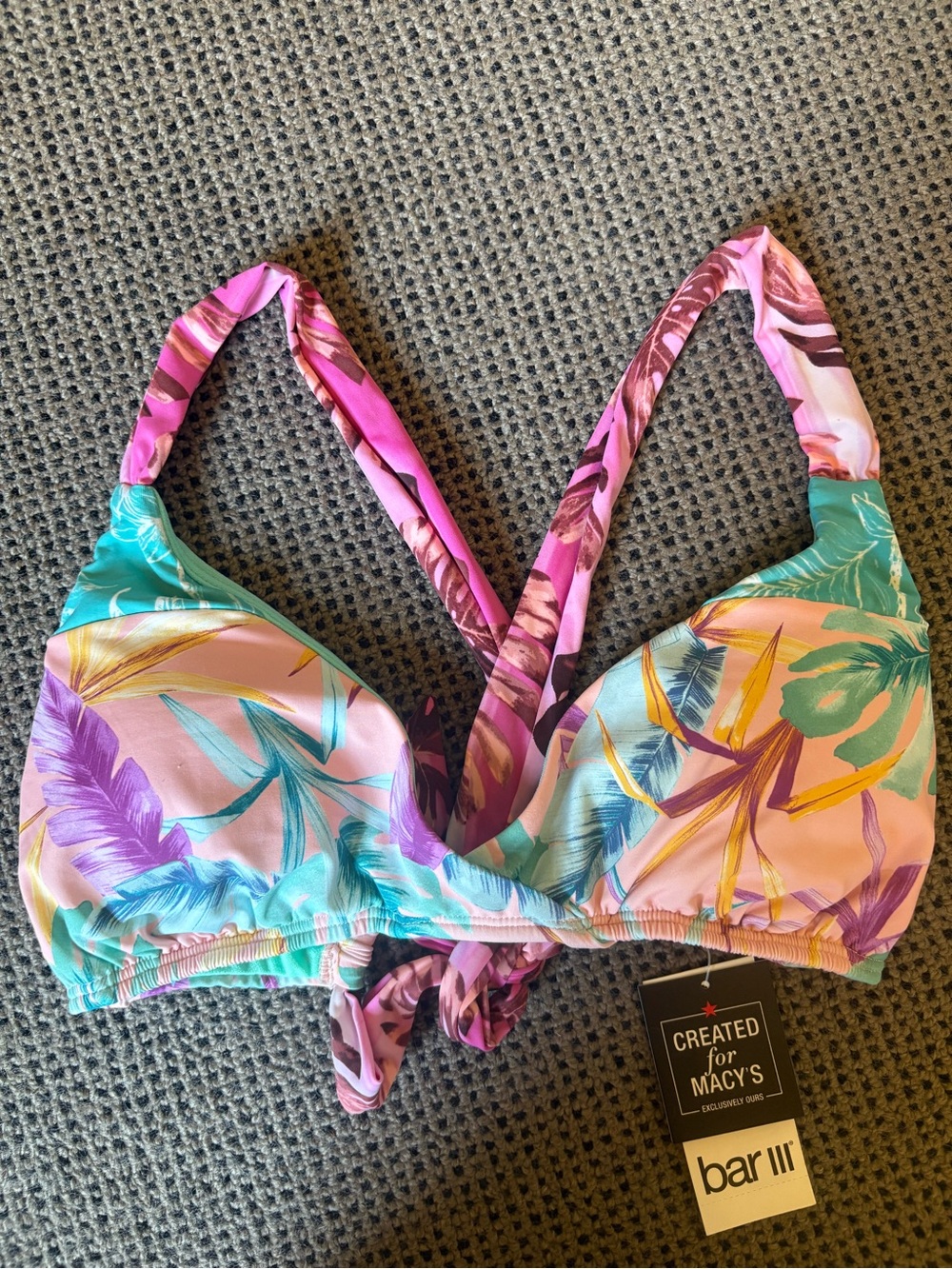 Bar III Pink Teal Purple Tropical Bikini Top
